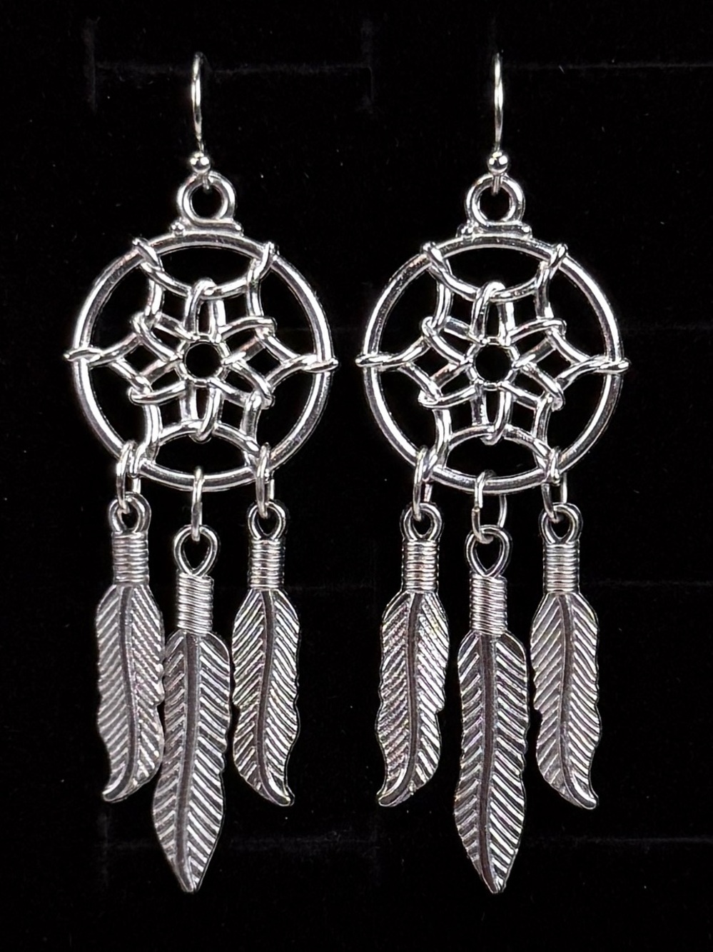 Silvertone Feather Charm Dangle Dreamcatcher Pierced Earrings
